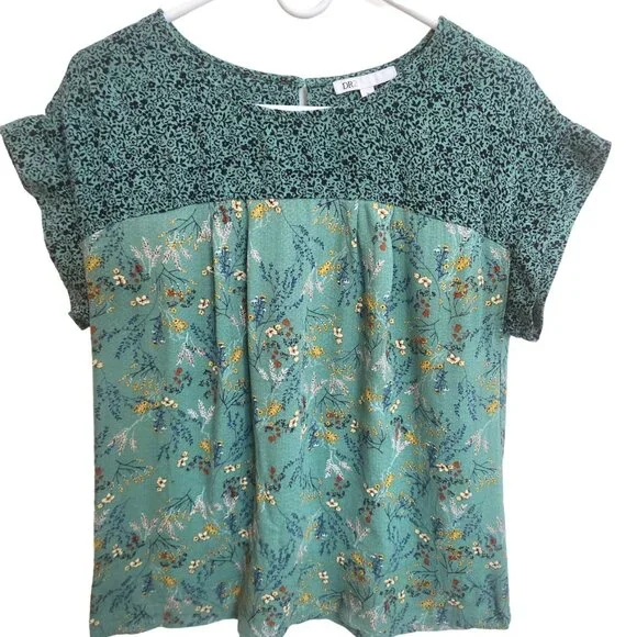 DR2 Green with Navy & Yellow Print Short Sleeved Pullover Blouse Size M - Picture 1 of 12